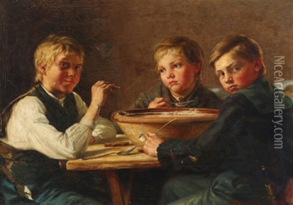 Interior With Three Boys Oil Painting - Hans Christian Koefoed