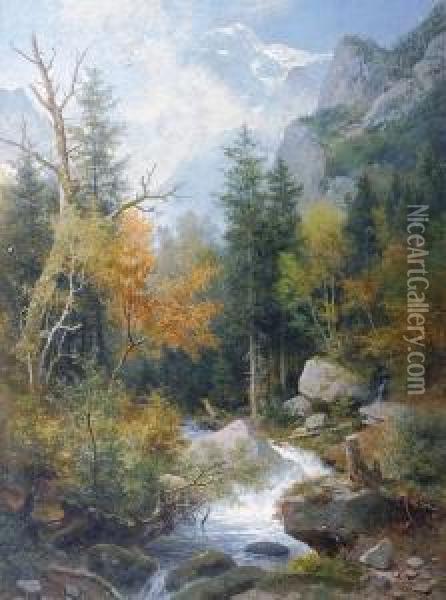 A Stream In A Wooded Landscape Oil Painting - Eduard Emil August Leonhardi