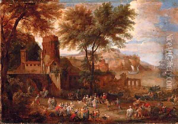 Figures outside a town wall with a bay beyond Oil Painting - Adriaen Frans Boudewijns