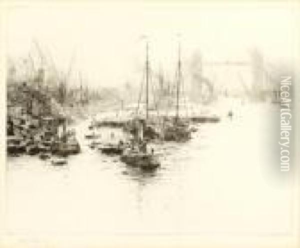 Dutch Eel Schuits Moored Upstream Of Tower Bridge Oil Painting - William Lionel Wyllie