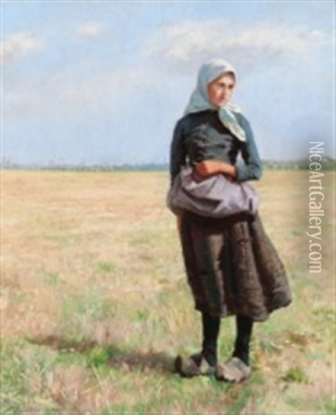 Peasant Girl In A Field, Presumably Near Hirtshals Oil Painting - Emilie (Caroline E.) Mundt