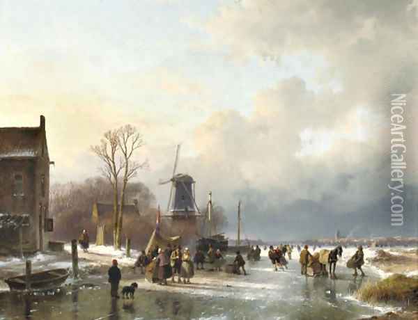 An extensive winter landscape with numerous villagers on the ice Oil Painting - Andreas Schelfhout