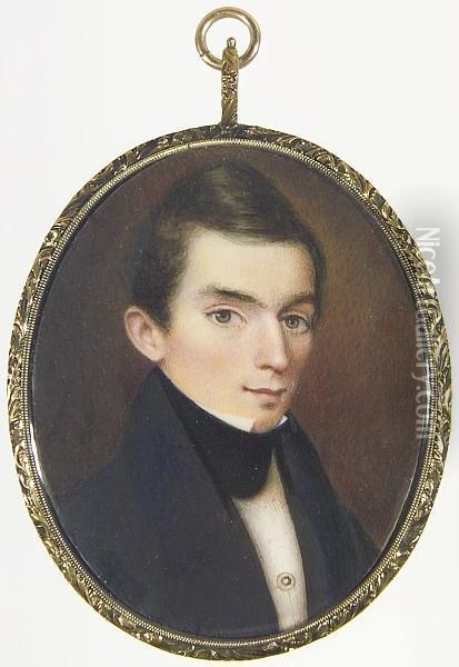 A Young Gentleman, Wearing Black Coat, White Chemise Held With Stickpin And Black Stock. Oil Painting - Moses B. Russell