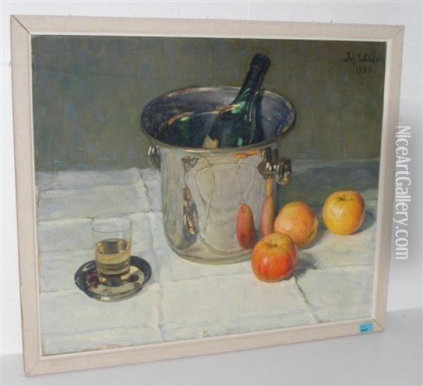Stillleben Mit Apfeln Und Weinkuhler Oil Painting - Johannes Weber