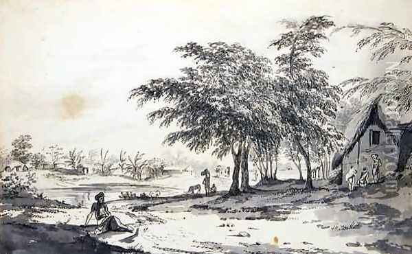 View of an Indian Village with a Man Seated in the Foreground Oil Painting - William Hodges