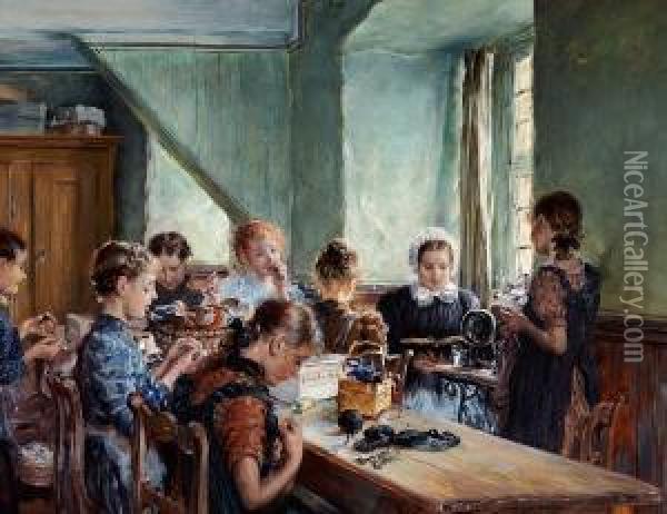 A Sewing Lesson Oil Painting - Otto Piltz
