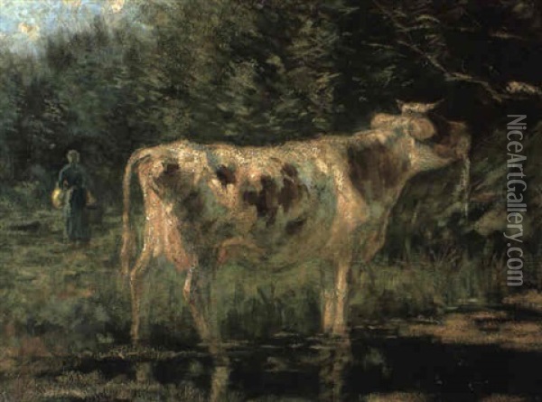 Milkmaid And Cow At A Pool Oil Painting - Willem Maris