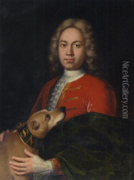 Portrait Of A Gentleman In An Embroidered Red Jacket, Holding A Dog Oil Painting - Giuseppe Bonito