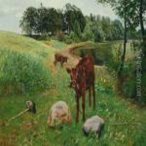 Grassing Calves By A Lake Oil Painting - Olaf Viggo Peter Langer
