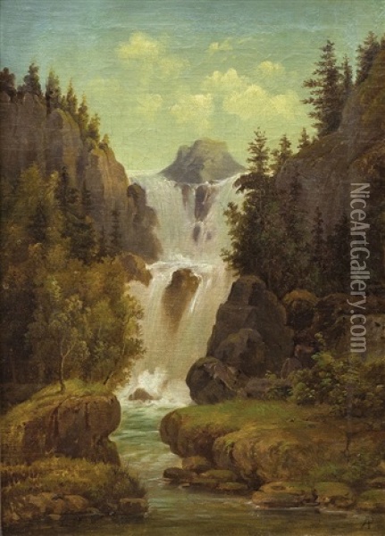 Horska Krajina S Vodopadem Oil Painting - August Bedrich Piepenhagen