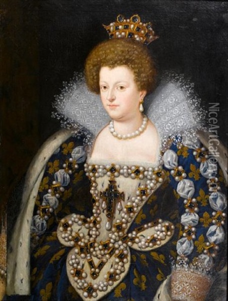 Portrait Of Maria De Medici, Three-quarter-length, In Blue Costume Decorated With White Ribbons, Pearls And Fleurs-de-lys Oil Painting - Frans Pourbus the younger