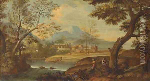 A wooded river landscape with fishermen and other figures Oil Painting - Giovanni Battista Basiri