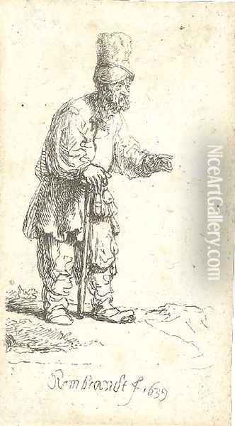 A Peasant in a high Cap, standing leaning on a Stick Oil Painting - Rembrandt Van Rijn