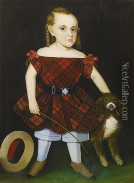 Portrait Of A Young Boy In Plaid With Dog Oil Painting - Ammi Phillips