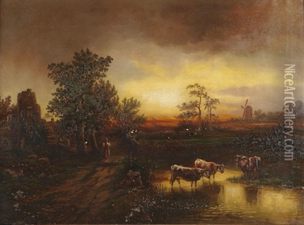 Niederlandische Flusslandschaft In Der Abenddammerung Oil Painting - Heinrich Rettig
