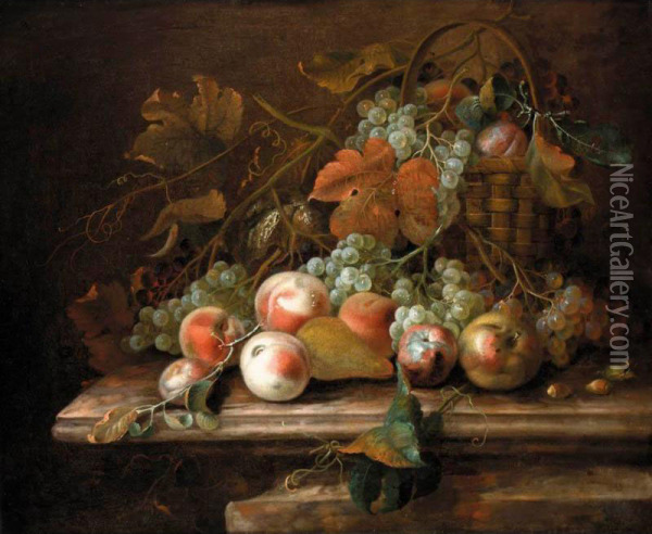 A Still Life Of Grapes In A Basket, Peaches And Plums Oil Painting - Ap Caledfryn