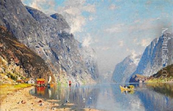 A Summer Day At The Naeryofjord In Norway Oil Painting - Adelsteen Normann