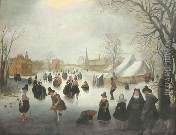 A winter landscape with elegant figures skating and playing kolf on a frozen river, a town beyond Oil Painting - Adam van Breen