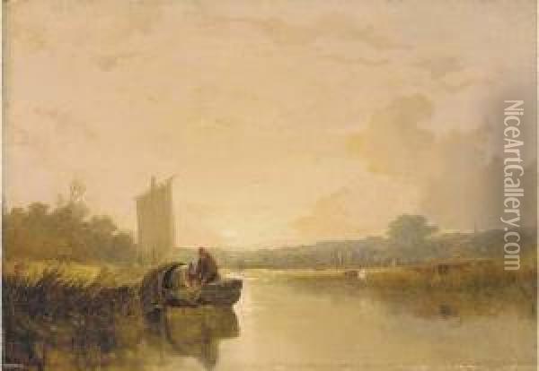 Evening On The River Yare At 
Whitlingham, With Figures In A Boat Inthe Foreground, Norwich Castle And
 Cathedral Beyond Oil Painting - Thomas Lound