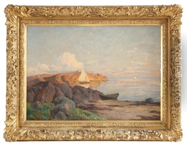 Aftensol Ved Kysten Oil Painting - Thorolf Holmboe