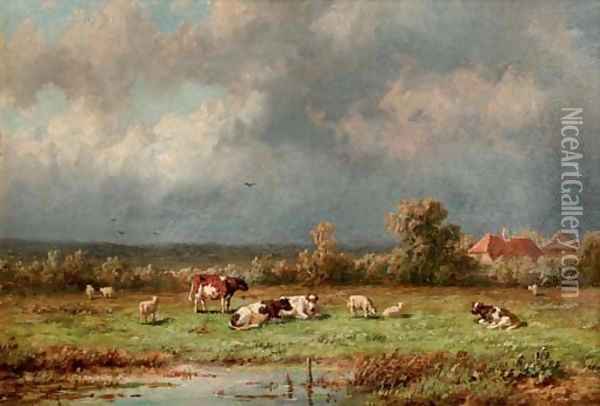 Pasturing cattle Oil Painting - Anthonie Jacobus van Wyngaerdt