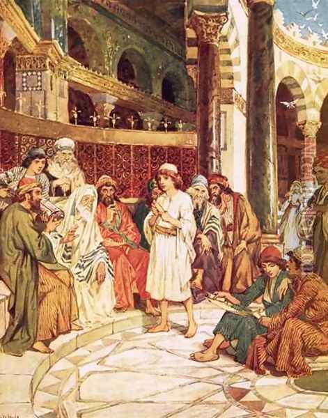 Christ speaking with the doctors in the temple in Jerusalem Oil Painting - William Brassey Hole