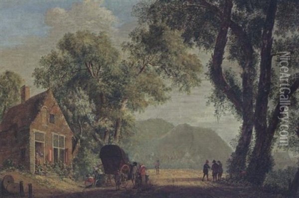 A Wooded Landscape With Travellers With Their Wagon Resting Near A Tavern Oil Painting - Pieter Jan van Liender