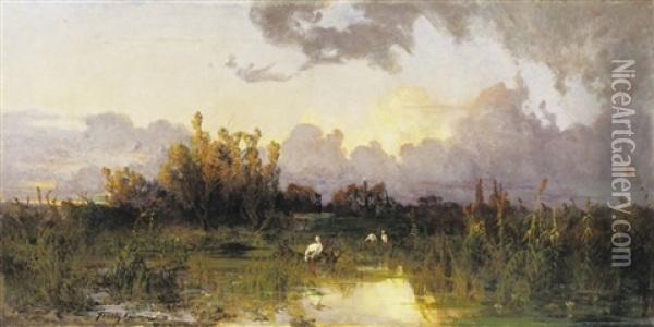 Taj A Lenyugvo Nap Fenyeben (landscape In The Sunset) Oil Painting - Arpad Feszti