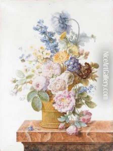 A Bouquet Of Roses, 
Chrysanthemums, Auricula, Hyacinth, A Poppy,harebells And Other Flowers 
In A Basket On A Marble Ledge With Abutterfly And A Fly Oil Painting - Pancrace Bessa