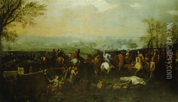 Cavalry Officers Watching A Battle From An Encampment On A Hill Oil Painting - Adam Frans van der Meulen