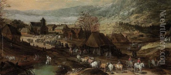 A Village With Figures, Cattle And Horses, Mountains Beyond Oil Painting - Philips de Momper the Elder