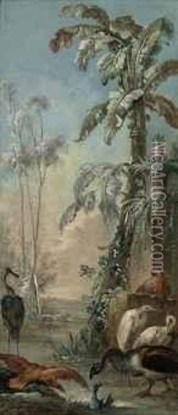 A Parrot, Cranes And Other Birds In A Tropical Landscape Oil Painting - Christophe Huet
