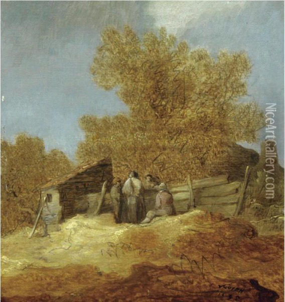 A Dune Landscape With Peasants Gossiping Before A Cottage Oil Painting - Jan van Goyen