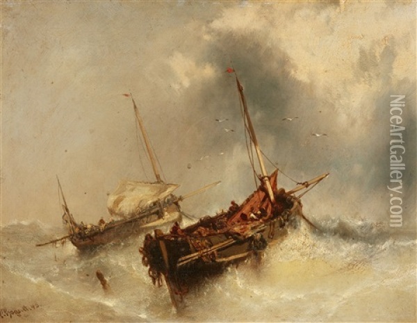 Two Sailing Ships In Rough Seas Oil Painting - Charles Hoguet