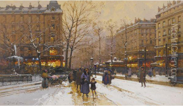 Boulevard Parisien, Sous La Neige Oil Painting - Eugene Galien-Laloue