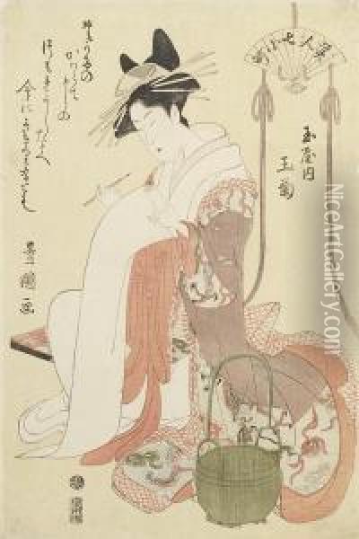 Parody Of The Play Sekidera Komachi, Showing The Courtesan Tamagiku Writing A Letter To Her Client, With Komachi's Poem Oil Painting - Toyokuni