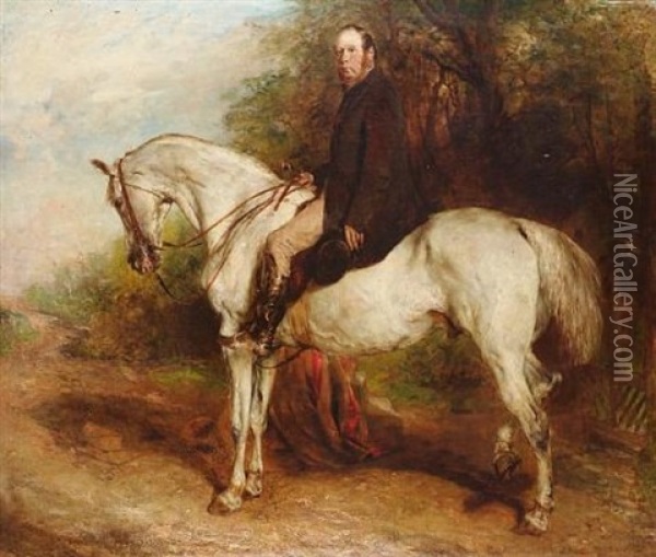 A Gentleman Seated On A Grey Horse Oil Painting - William Huggins
