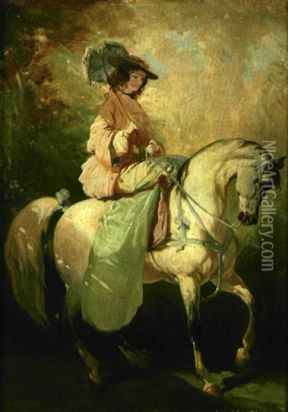 Elegant Montant A Cheval En Amazone Oil Painting - Alfred De Dreux