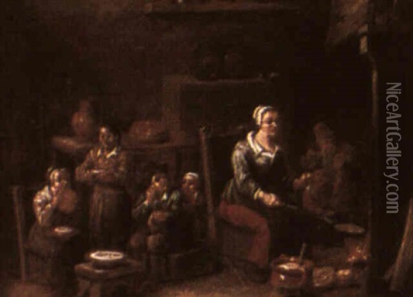 Kitchen Scene With Woman Cooking, Surrounded By Children Oil Painting - Matheus van Helmont