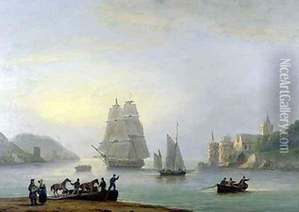 A Brig Entering Dartmouth Harbour with a Ferry in the Foreground 1828 Oil Painting - Thomas Luny