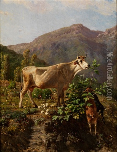 Kuh Und Zwei Geissen Im Hochgebirge Oil Painting - Simone Campanile