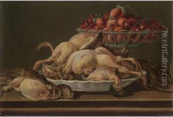 Still Life With Plucked Game And A Basket Filled With Strawberries Oil Painting - Miguel Parra Y Soler