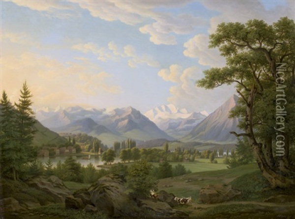 Schweizer Berglandschaft Mit Dorf An Einem Fluss Oil Painting - Frederic Fregevize