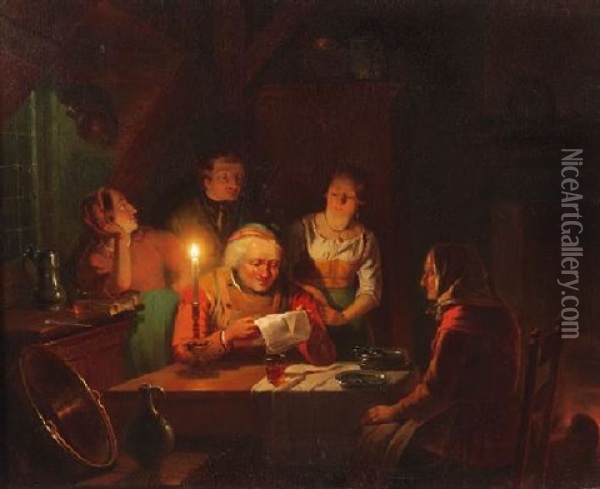Familie Im Kerzenschein Bei Der Zeitungslekture Oil Painting - Jan David Geerling Grootveld