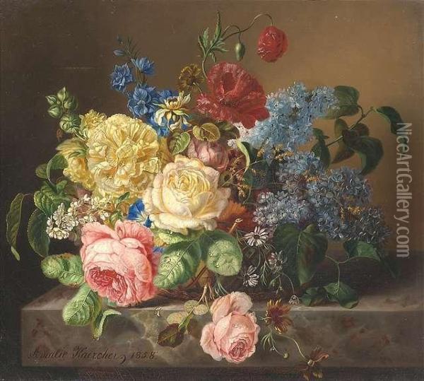 Still-life With Peonies In A Basket On A Pedestal Oil Painting - Kaercher Amalie