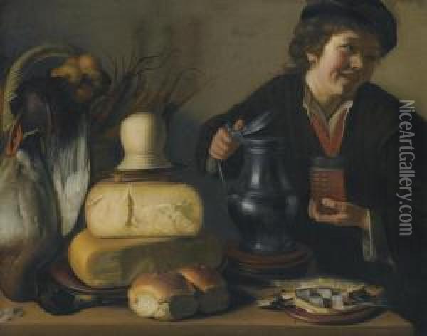 A Still Life Of A Duck, Cheeses, Vegetables And A Herring With A Youth Holding A Pewter Tankard And A Glass Of Beer Oil Painting - Gerrit Van Honthorst