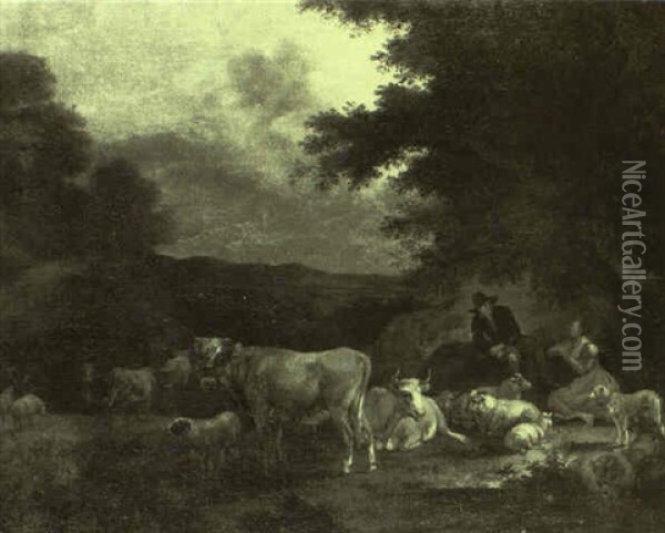 Landscape With A Drover And A Shepherdess Conversing Beneath A Tree Oil Painting - Albert Jansz Klomp