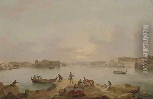 A panorama of the Grand Harbour, Valetta, at dusk Oil Painting - Anton the Younger Schranz