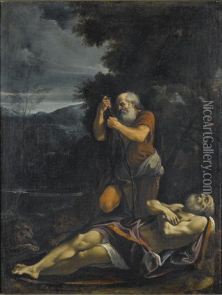 Saint Anthony Abbot Burying Saint Paul The Hermit Oil Painting - Lorenzo Garbieri