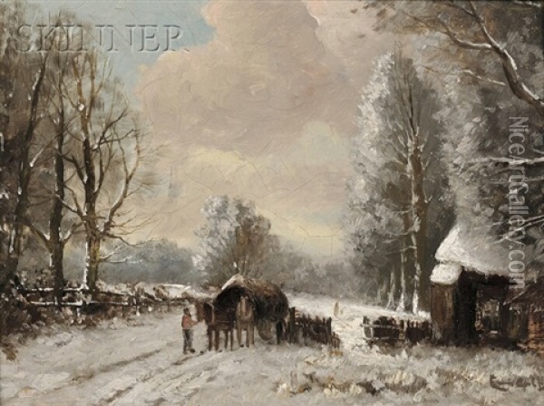 Snowy Landscape With Horse-drawn Hay Wagon Oil Painting - Louis Apol